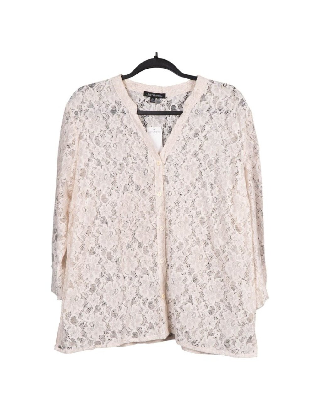 Lace Button Up Blouse XL Womens NEW Beige Sheer 3/4 Sleeves Shirt VNeck